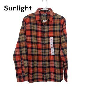 Eddie Bauer Mens Small Plaid Flannel Button Down Shirt Orange/Black/Beige